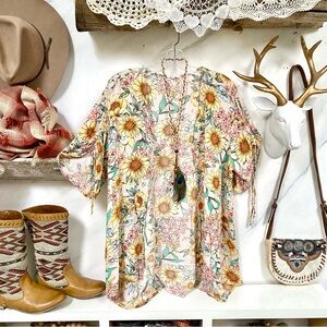 Sunflower open front boho cover up kimono w Cinched Sleeve & prairie vibe